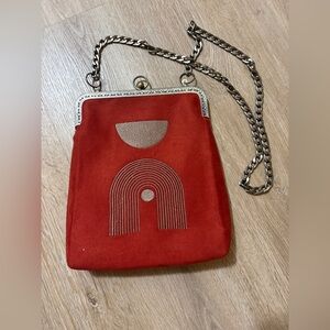 Red/orange Suede Crossbody Bag with Silver Chain